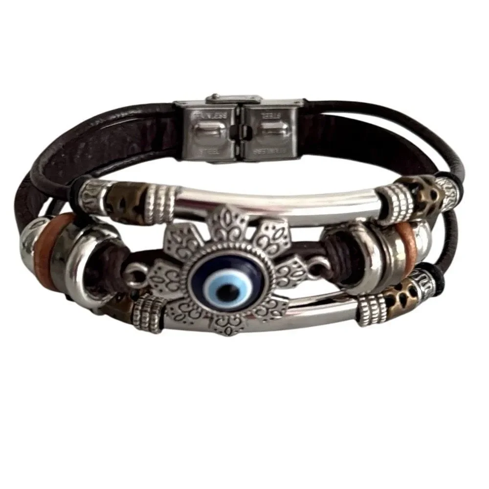 Protective Evil Eye Cuff Bracelet – Brown Leather, Boho Multi-Strand
